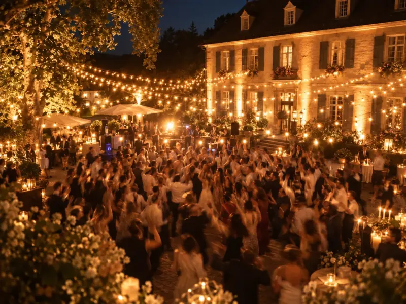 Eine volle Tanzfläche am Abend unter Lichterketten vor der angestrahlten Fassade eines Gutshauses