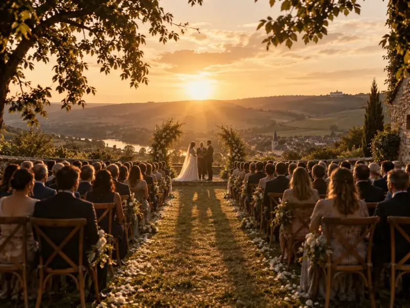 Eine Trauung unter freiem Himmel im Abendlicht, von hinten über die Stuhlreihen hinweg, dahinter Weinberge und ein Dorf im Tal